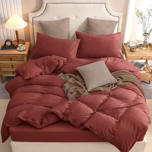 PURE ERA Jersey Knit Duvet Cover Set 100% T-Shirt Cotton Super Soft Comfy 3pc Bedding Set with Zipper Closure (Solid Brick Red, King, 104'' x 90'')