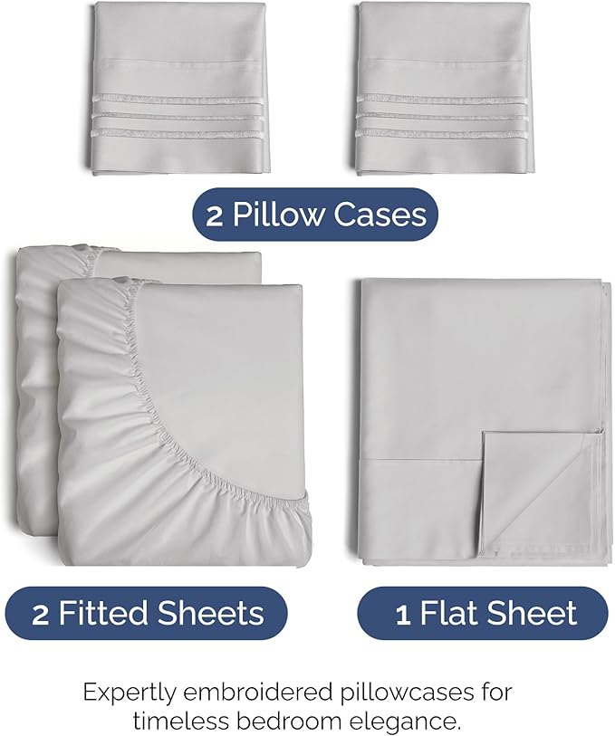 Split King Size 5 Piece Sheet Set - Comfy Breathable & Cooling Sheets - Hotel Luxury Bed Sheets for Women & Men - Deep Pockets, Easy-Fit, Soft & Wrinkle Free Sheets - French Grey Oeko-Tex Bed Sheets