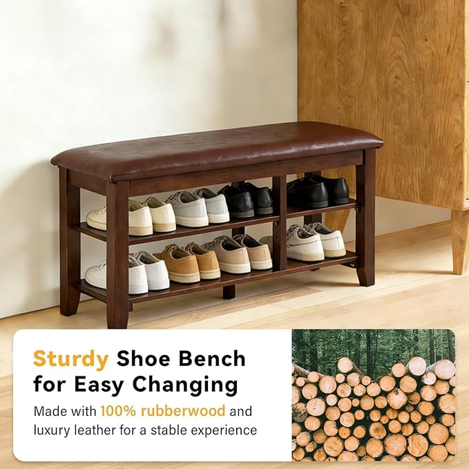 PY HOME & SPORTS Shoe Rack for Entryway 39.4": 2-Tier Shoe Storage Bench, Adjustable/Removable Shelves, Rubberwood Shoe Benches for Hallway, Porch, Bathroom, Brown