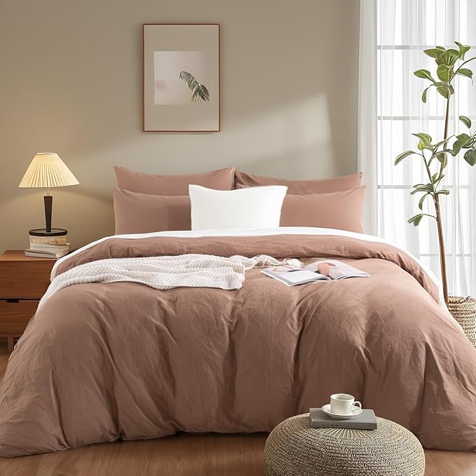 NEXHOME PRO Duvet Cover Set Kids Twin Size Linen Look Organic Natural 100% Washed Cotton Duvet Cover Mocha Brown 2 Pieces Bedding Set with Zipper Closure, Breathable (No Comforter)