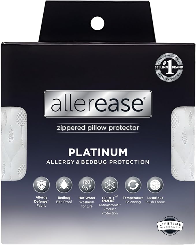AllerEase Platinum Allergy Defense Particles Proof Temperatur Balancing Luxurious Plush Fabric Machine Washable Durable Zippered Pillow Protector, King Size, White