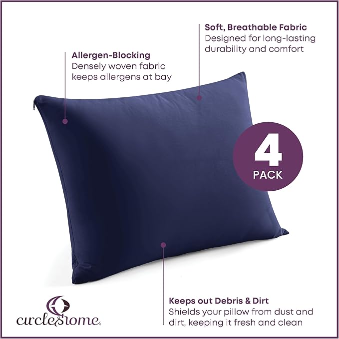 CirclesHome Pillow Protectors 4 Pack Queen Zippered - 100% Cotton Breathable Pillowcases - Protects Pillows from Dirt, Dust and Debris (Queen- Set of 4 - 20x30)