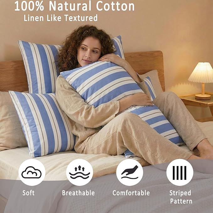 Merryword Blue and White Striped Pillowcases, King Size Pillowcases, 100% Cotton Pillow Cases, Soft Breathable Wide Stripes Pillow Covers, Set of 2