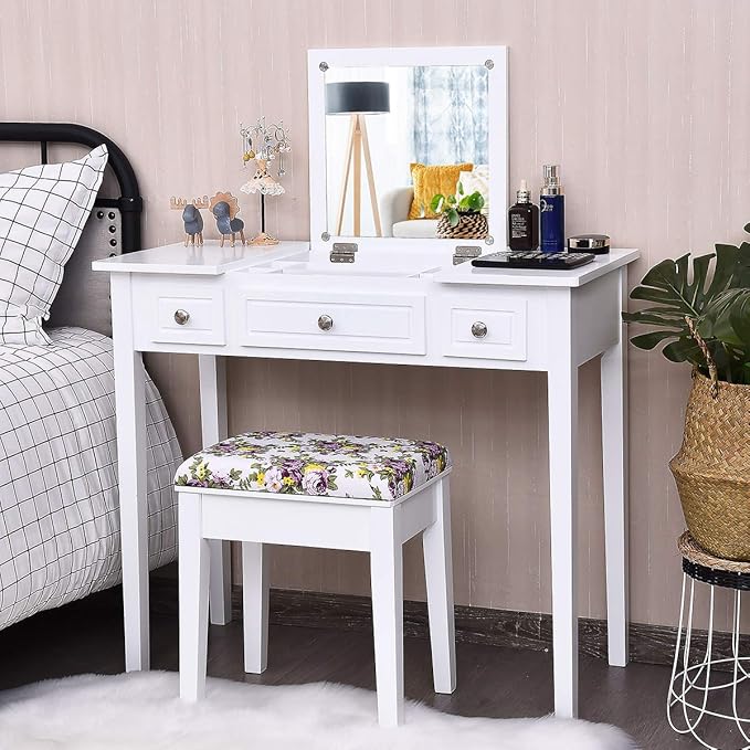 CHARMAID Makeup Vanity Desk with Flip Top Mirror, 3 Drawers, 7 Storage Compartments, White Writing Desk Dressing Table Vanity Set with Cushioned Stool for Girls Women, Easy Assembly