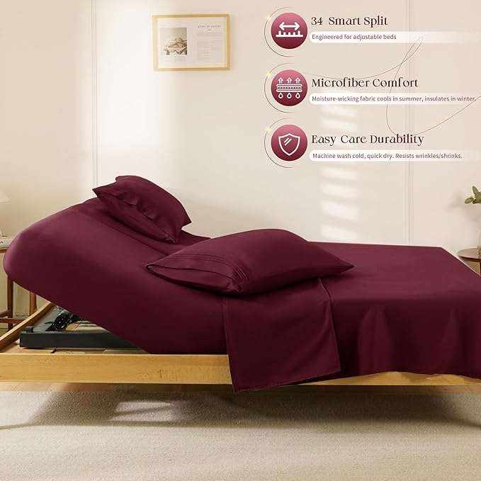 Manyshofu 4 Piece Split Head California King Sheets Sets for Adjustable Bed Sheet, Flex Head Split Top Cal King Sheets Burgundy Sheet Set - 1800 Thread Count Bedding Set with 14-16 Inch Deep Pockets