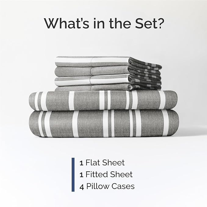 Full 6 Piece Sheet Set - Comfy, Breathable & Cooling - Soft Hotel Luxury Bedding for Women, Men, Kids, Teens and Children - 1 Flat & 1 Fitted Sheet & 4 Pillowcases with Deep Pockets - Grey Stripes 3