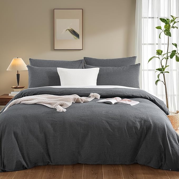 NEXHOME PRO Duvet Cover King 100% Washed Cotton, Heathered Black Breathable, Durable, Textured, Linen Like, Home Bedding Set 104"x90"