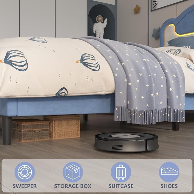 Garvee Twin Size Upholstered Bed Frame with LED Lights & Fabric Headboard, Princess Platform Bed for Girls with Wood Slats, No Box Spring Needed (Blue White)