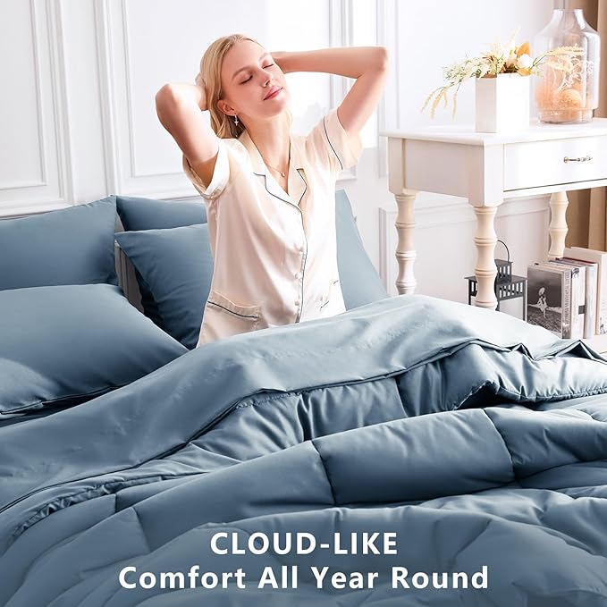 CozyLux Twin Comforter Set with Sheets Mineral Blue, 5 Pieces Bed in a Bag, Blue Comforter Twin Size, All Season Bedding Set with Stitch Quilted Comforter, Flat Sheet, Fitted Sheet, Pillowcases