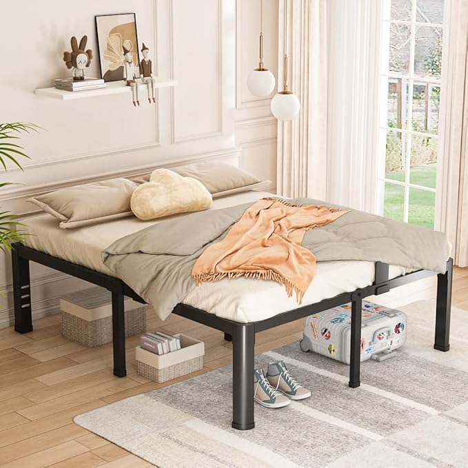 Bilily 18 Inch Full Size Bed Frame Metal Platform with Round Corner Legs,3500 LBS Heavy Duty Steel Slats Support,Headboard Holes,No Box Spring Needed,Easy Assembly,Mattress Retainer,Underbed Storage