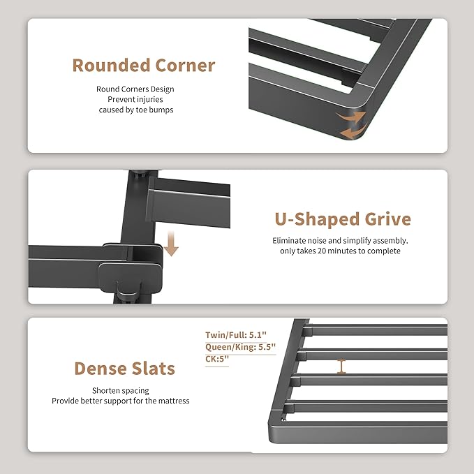 ROIL 2 Inch Queen Metal Box Spring Low Profile, Bunkie Board Bed Slat Replacement with Round Corners, 3500 lbs Capacity Heavy Duty Steel Slats, Easy Assembly, Noise Free