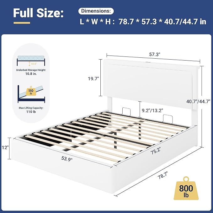 Allewie Full Size Lift Up Storage Bed Frame with Charging Station & LED Lights, Adjustable Velvet Upholstered Storage Headboard, Type-C & USB Ports, Hydraulic Support, No Box Spring Needed, White