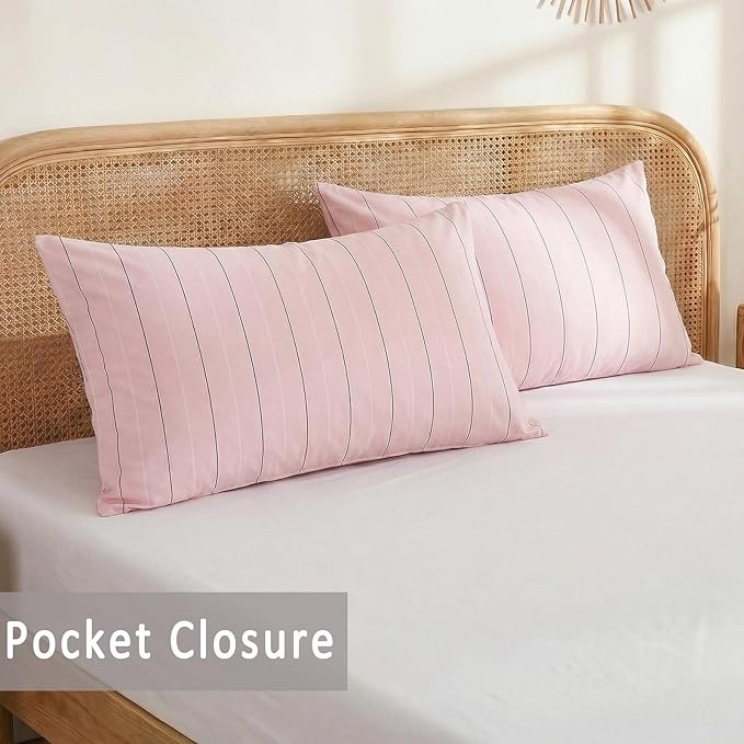 Merryword Pink Striped Pillowcases, 100% Cotton Pillow Cases, Standard Size Pillowcases, Soft Breathable Pinstripe Pillow Covers, Set of 2