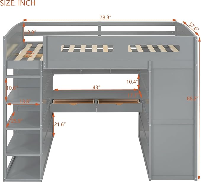 Multi-Functional Full Size Loft Bed with Built-in Desk and Wardrobes, Solid Wood Loft Bed Frame with 4 Drawers and 4 Shelves for Kids Teens Boys Adults, Maximize Space (Gray-F)