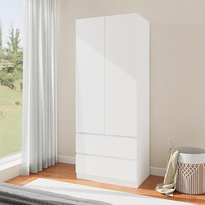 Wooden Armoire Wardrobe Closet with 2 Doors, 79" Bedroom Wardrobe with 2 Drawers, Cabinet for Clothes with Hanging Rod & Shelves, Freestanding Closets for Bedroom (White, 1)
