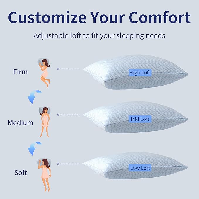 DOWNCOOL Cooling Pillow Standard Size Set of 2, Adjustable Shredded Memory Foam Pillows for Sleeping, Cool Soft Supportive Firm Bed Pillows for Side Back Stomach Sleepers, Hot Sleepers, 20"X26"