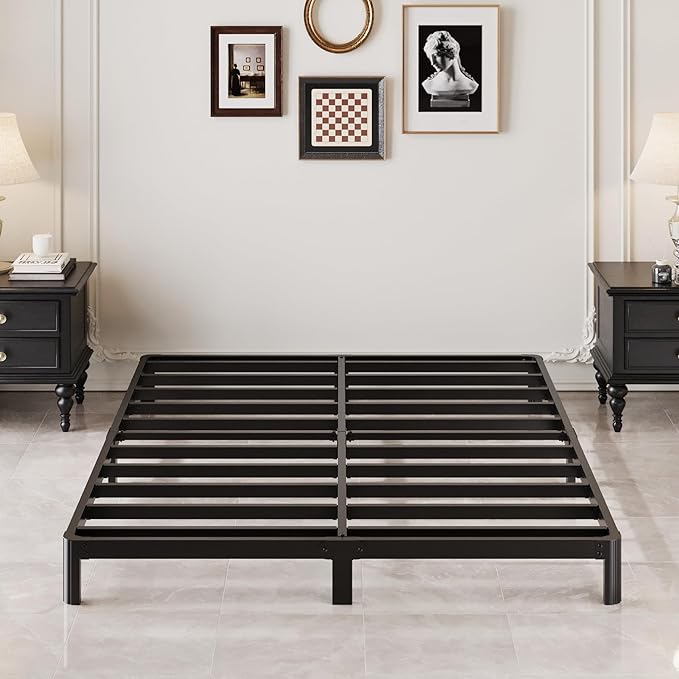 Lutown-Teen 7 Inch Low Profile Full Size Bed Frame with Rounded Corner Legs, 2000 LBS Heavy Duty Metal Full Platform Bed Frame No Box Spring Needed, Easy Assembly, Black