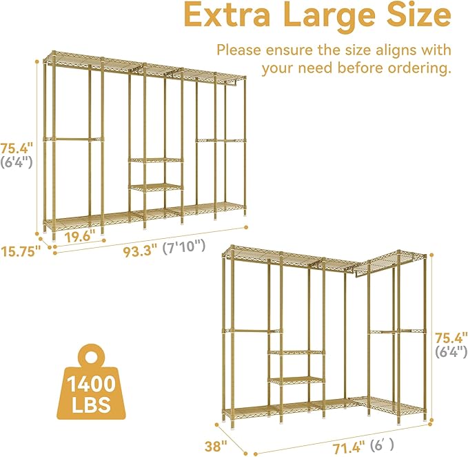 Higeego H5 Large Wire Garment Rack, Heavy Duty Clothes Racks, Wardrobe Closet Rack for Hanging Clothes, Freestanding Clothing Racks with Adjustable Shelf, 93.3" Wx15.7 Dx75.4 H, Gold, Load 1400 lbs