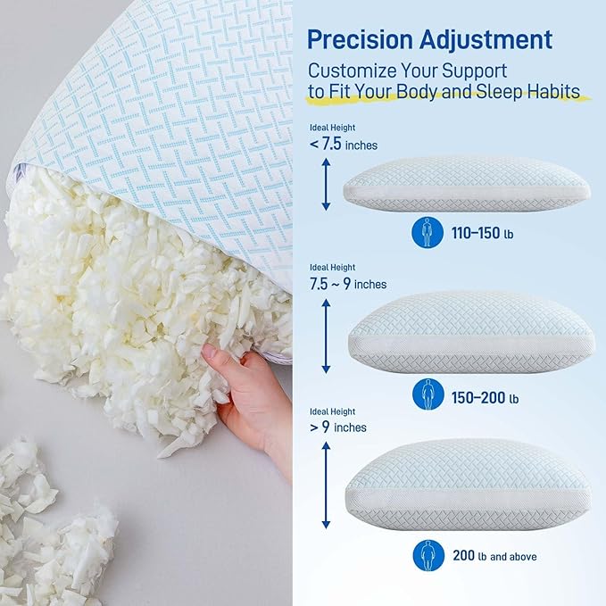 Alkyonos Shredded Memory Foam Cooling Soft Pillow Queen Size, Adjustable Hypoallergenic Hotel Quality Pillow for Back, Side and Stomach Sleeper, Viscose Derived from Bamboo, Oeko-TEX Certified