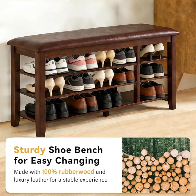 PY HOME & SPORTS Shoe Rack for Entryway 47": 3-Tier Shoe Storage Bench, Adjustable/Removable Shelves, Rubberwood Shoe Benches for Hallway, Porch, Bathroom, Brown