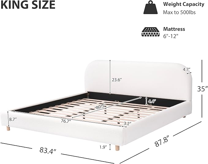 Merax King Size Teddy Fleece Thick Fabric Upholstered Platform Bed with Curved Shaped Headboard, Wood Bed Frame with Solid Round Legs for Kids Teens Adults, White