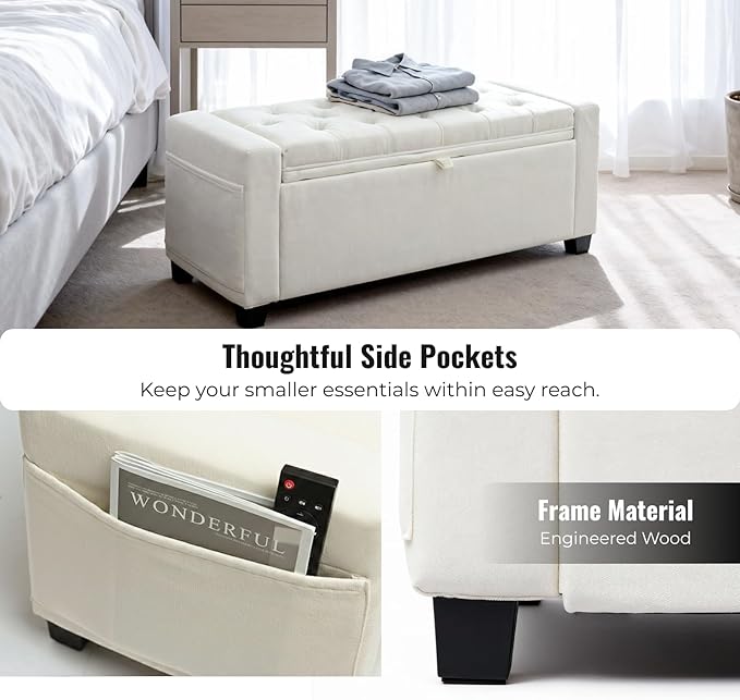 Storage Ottoman Bench for Bedroom, End of Bed Bench with Hidden Storage, Upholstered Tufted Linen Ottoman with Safety Hinge, Bedroom Bench with Storage, 43 Inch, 350lb, Linen Beige