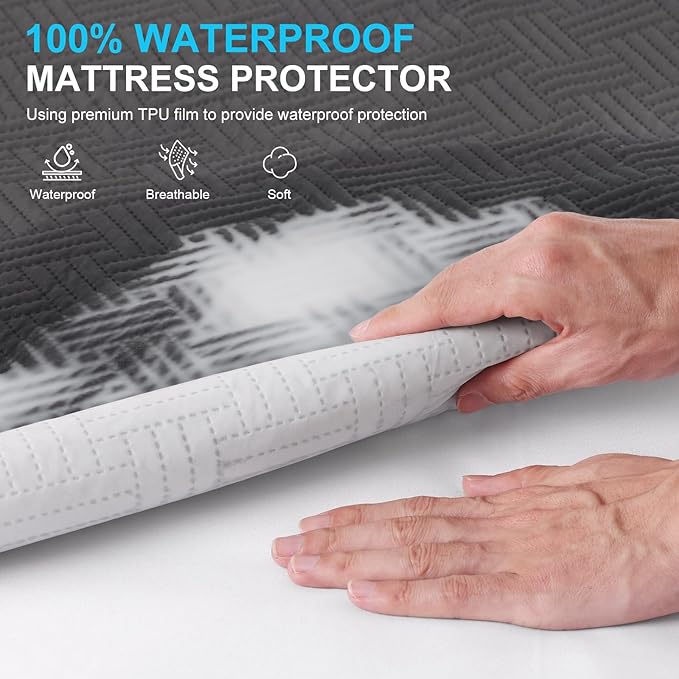 GOPOONY Waterproof Mattress Protector California King Size - Breathable, Noiseless, Ultra-Soft Bed Cover, Mattress Pad Cover with Deep Stretchable Pockets 8"-21" (Gray)