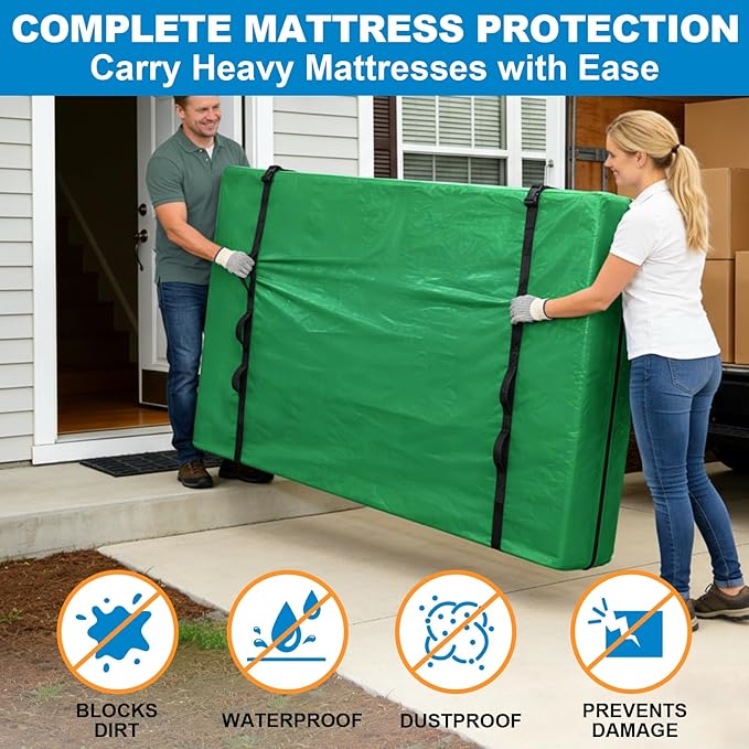 TICONN Mattress Bags for Moving, Heavy Duty Cali King Mattress Cover Storage Bag with Full-Around Handle and Adjustable Buckles (Green, Cali King)