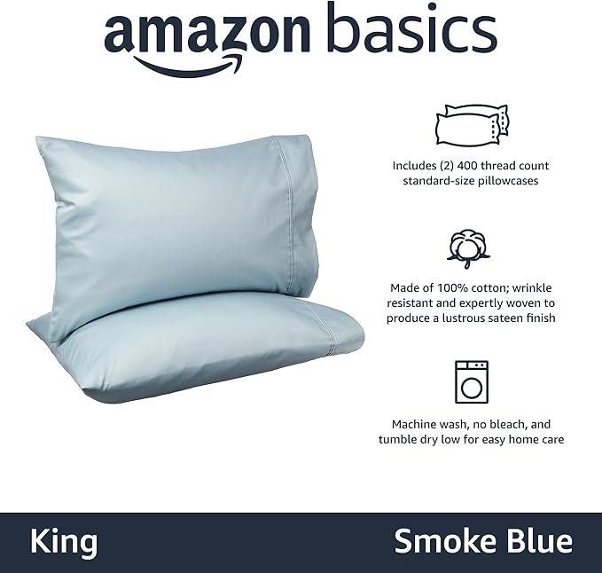 Amazon Basics 400 Thread Count 100% Cotton Pillow Cases, Sateen Weave, King Size, 40" x 20", Smoke Blue, Set of 2