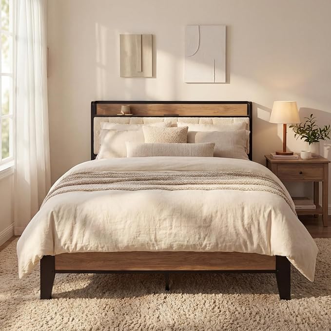 LIKIMIO Full XL Bed Frames, Storage Headboard with Charging Station, Solid and Stable, Noise Free, No Box Spring Needed, Easy Assembly, Wood and Cream