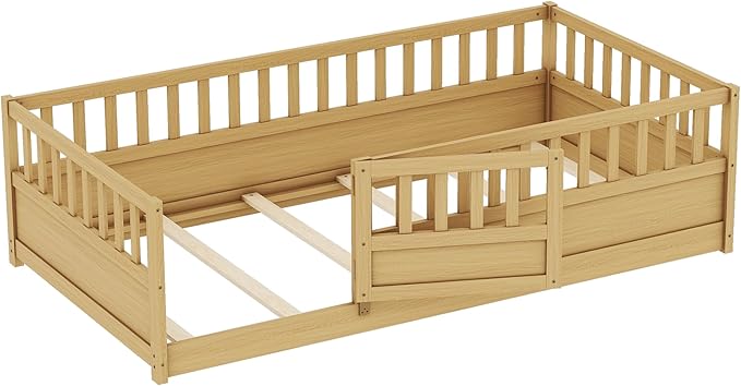 Bellemave Twin Size Floor Bed with Fence and Door, Montessori Floor Bed with Slats, Twin Size Montessori Beds for Kids, Girls, Boys, Natural