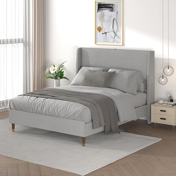 MALOL Queen Size Bed Frame with Upholstered Headboard, Linen Fabric Platform Bed Frame with USB Charging Ports, No Box Spring Needed, Sturdy Metal Support, Noise Free, Modern Bedroom Furniture,Grey