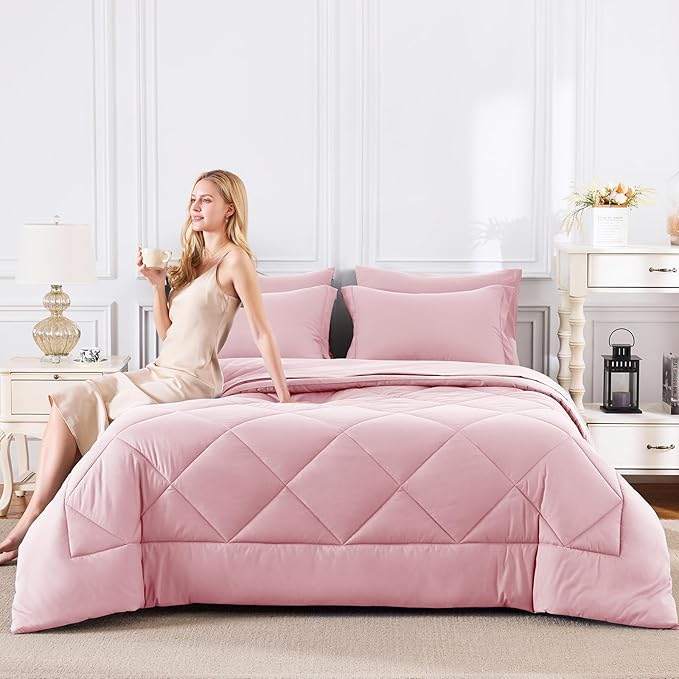 CozyLux Oversized Queen Comforter Set Pink, 7 Pieces Bed in a Bag Comforter Set with Sheets Luxury Bed Set All Seasons, Bedding Set with Down Alternative Comforter, Sheets, Pillowcases & Shams