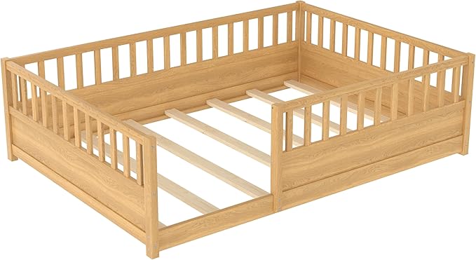 Bellemave Full Floor Bed with high Fence, Solid Pine Wood Montessori Bed for Kids Girls Boys Floor Bed Frame, Natural with slats