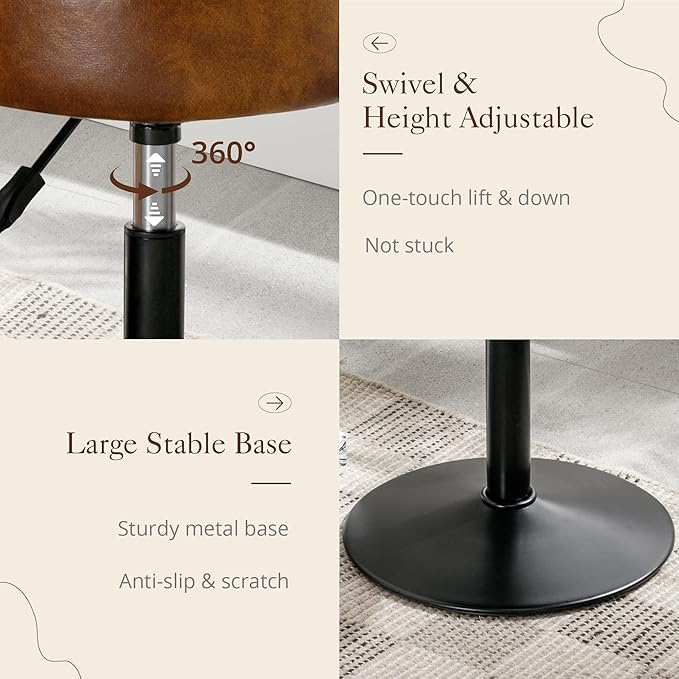 LUE BONA Adjustable Vanity Stool, 360°Swivel Vanity Chair for Makeup Room, Brown Stool Chair for Vanity, Small Faux Leather Vanity Stools for Bathroom, Living Room