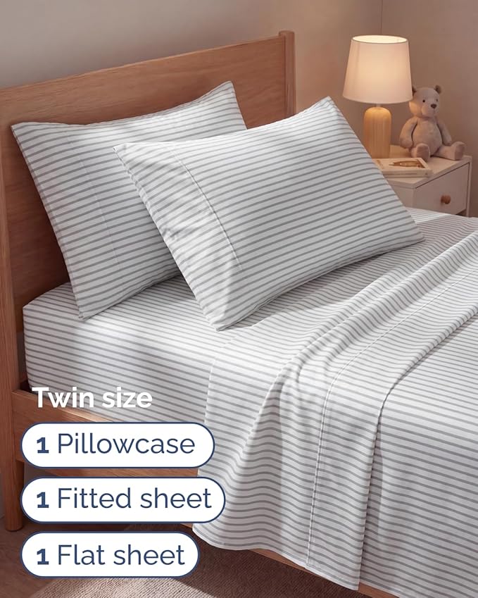 Twin 4 Piece Sheet Set - Comfy, Breathable & Cooling - Soft Hotel Luxury Bedding for Women, Men, Kids, Teens and Children - 1 Flat & 1 Fitted Sheet & 2 Pillowcases with Deep Pockets - Grey Stripes 2