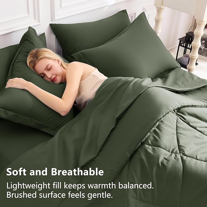 CozyLux Twin XL Comforter Set Dark Green - 5 Pieces Twin Extra Long Bed in a Bag for College Dorm, All Season Bedding Set for Girls and Boys, Soft Bed Set with Comforter, Sheets, Pillowcase & Sham