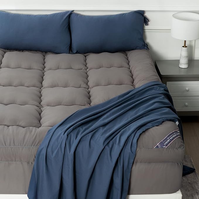 Marine Moon Mattress Topper Queen, Marine Moon Cooling Bed Topper Cover, Thick Soft Pillow Top Mattress Pad, Plush Hotel Down Alternative Mattress Topper with 8-21" Deep Pocket, Grey