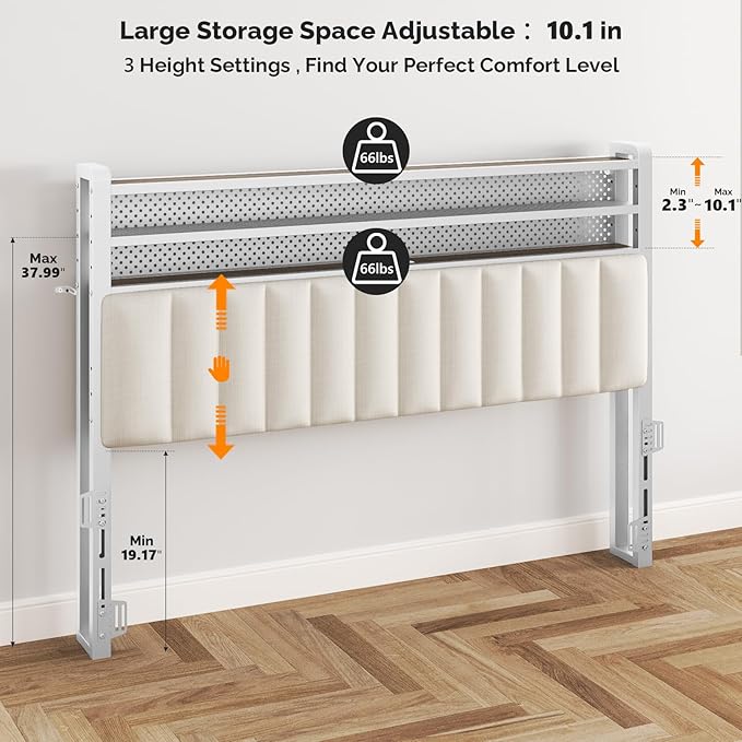 VINGLI Queen Size Headboard with Shelf, Adjustable Upholstered Headboards with Storage, 3 Tier Shelves and LED Lights, Charging Stations and Pegboard, Modern Bed Head Board, White