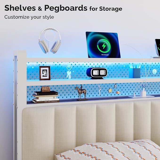 VINGLI Twin/XL LED Headboard with Storage Shelves & Charging Station, Upholstered Metal Head Board with RGB Lights, USB Ports and Power Outlet for Kids Room, Small Bedroom, Dorm and College Bedroom