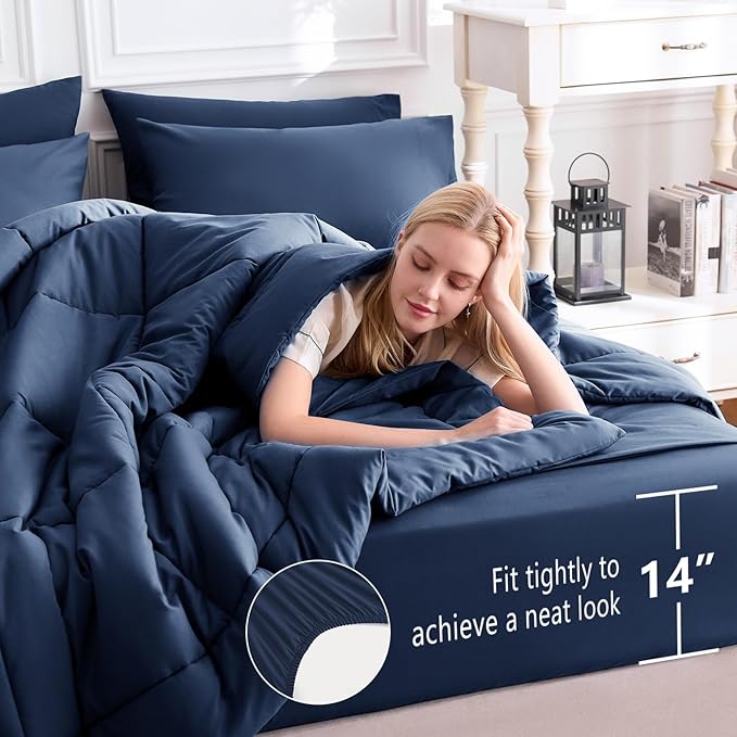 CozyLux California King Comforter Sets Navy Blue, 7 Pieces Cal King Bed in a Bag, All Season Bedding Sets with Stitch Quilted Comforter, Flat Sheet, Fitted Sheet, Pillowcases