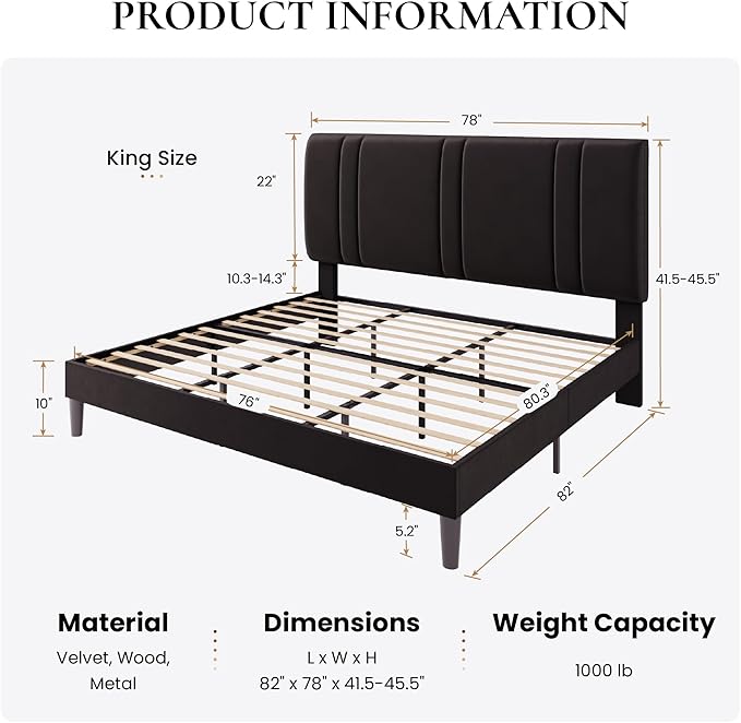 SHA CERLIN King Size Platform Bed Frame, Velvet Upholstered Bed with Adjustable Headboard, Vertical Channel Tufted Design, Sturdy Wood Slat Support, No Box Spring Needed, Easy Assembly, Black