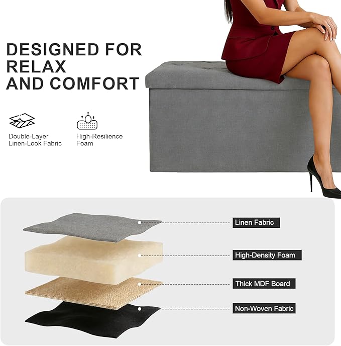 43 Inch Foldable Storage Ottoman Bench,with 35 Gallon Hidden Storage,Folding Foot Rest Ottoman,End of Bed Bench,660lbs Load Capacity,Easy Assemble for Living Room,Bedroom,Entryway