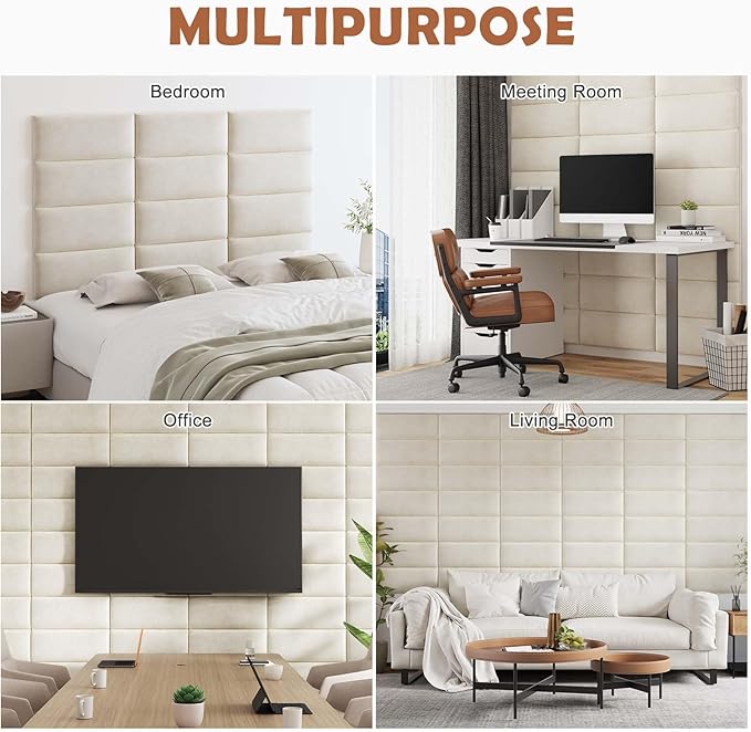 IFNOW Wall Mounted Upholstered Headboard, 3D Peel and Stick Soundproof Wall Panels, Reusable Padded Leather Headboard, 6 Panels 9.84" x 23.62", Ivory White