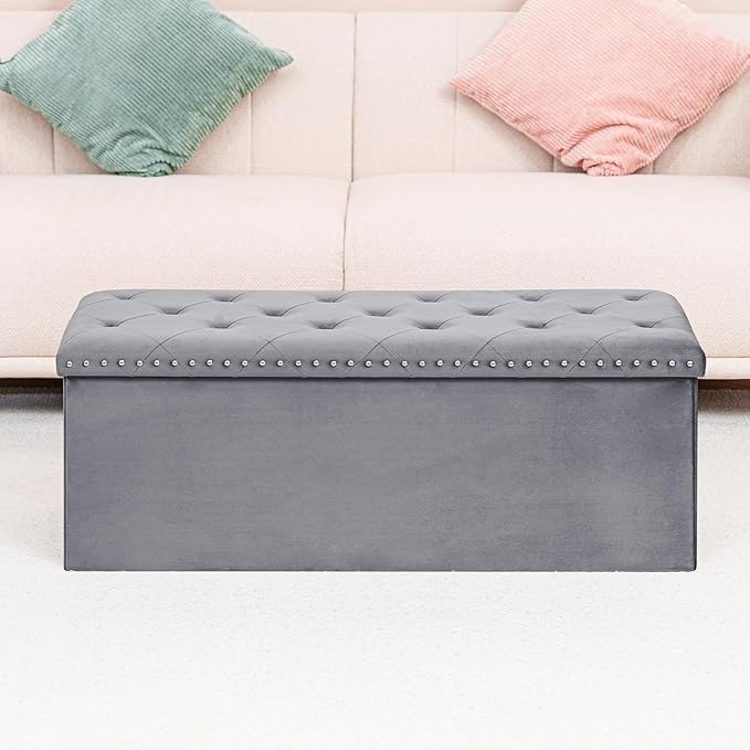 PINPLUS Storage Ottoman Bench with Benches Foot Rest Stool, Large Long Folding Velvet Shoes Chest for Bedroom, Living Room,（Grey） 43.3"x15.7"x15.7"