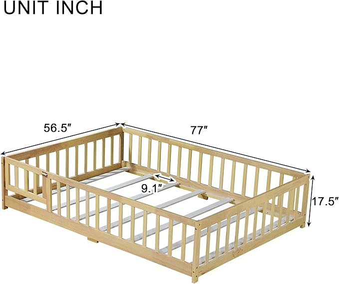 Bellemave Full Size Montessori Floor Bed Frame with Rails & Door, Solid Wood Kids Floor Bed Full with Removable Slats, Low Profile Montessori Bed for Children’s Sleep & Play, Natural