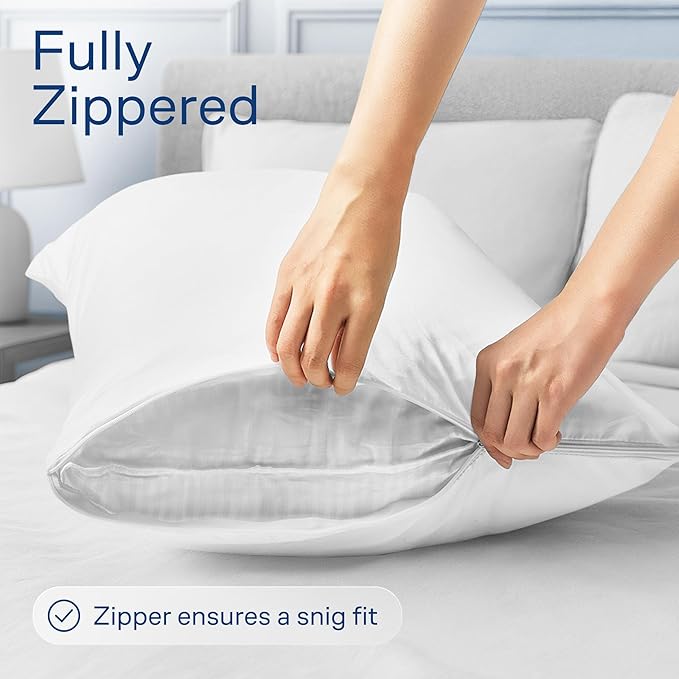 100% Cotton 4-Pack Pillow Protectors with Zipper Queen Size – 100% Resistant to Stains, Dust & Dirt – Washable Covers for Increased Pillow Lifespan