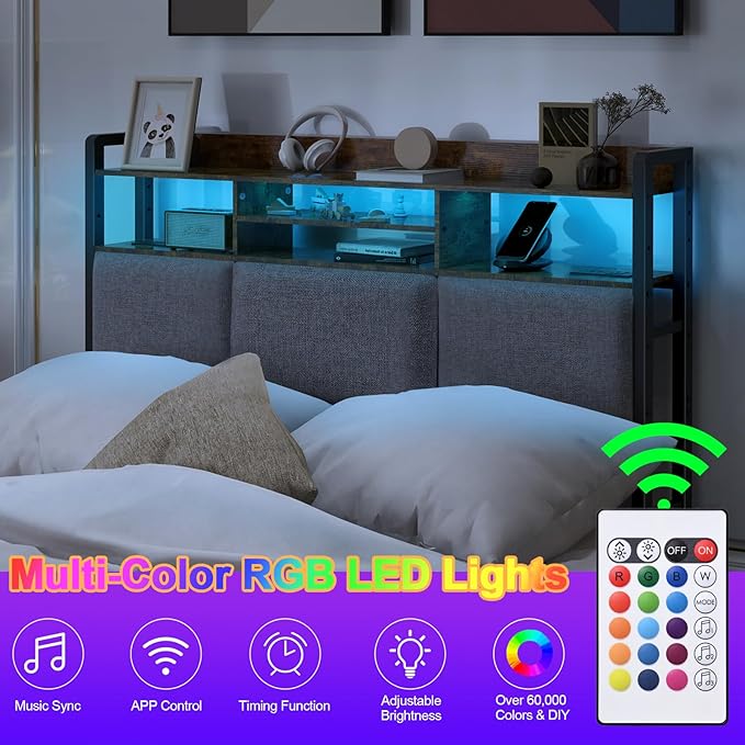 Livofloral Headboard for Full Size Bed with Charging Station and LED Light, Full Bed Upholstered Head Board with Storage Shelves, Full Size Headboard with Power Outlets, Height Adjustable, Brown