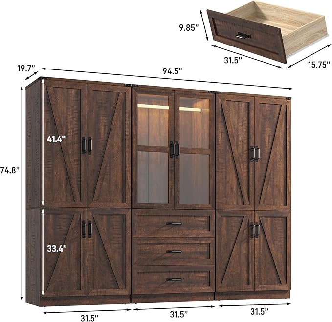Hlivelood 75" Tall Farmhouse 6 Doors Armoire Wardrobe Closet with 3 Drawers and LED,Freestanding Closet Wardrobe Cabinet for Bedroom with Hanging Rod,Wooden Armoire Storage Cabinet(Brown 6 Doors 1)
