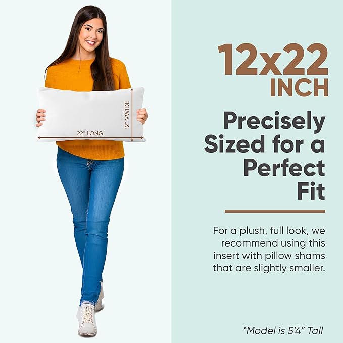 Pillowflex Synthetic Down Pillow Insert - 12x22 Down Alternative Pillow, Ultra Soft, Small Rectangle, Lumbar, Travel, Neck, Sleeping Pillow - 1 Decorative Pillow Form